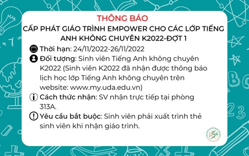 Thông báo cấp phát giáo trình Empower cho các lớp tiếng Anh không chuyên K2022-Đợt 1